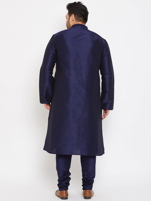 Vastramay Men's Plus Size Navy Blue Silk Blend Kurta Pyjama Set